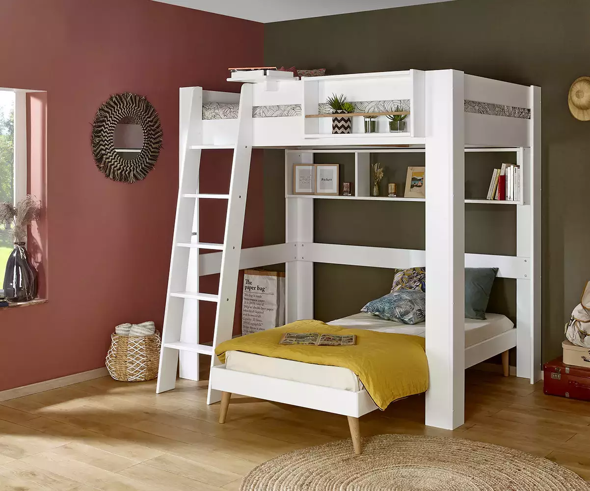 Lit mezzanine avec matelas et échelle Paros blanc avec lit Euphor en option Lit mezzanine avec matelas et échelle Paros blanc avec lit Euphor en option