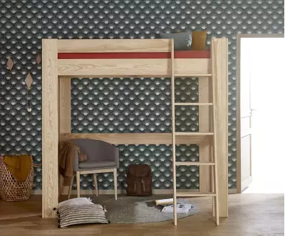 Lit mezzanine échelle Paros bois naturel avec matelas