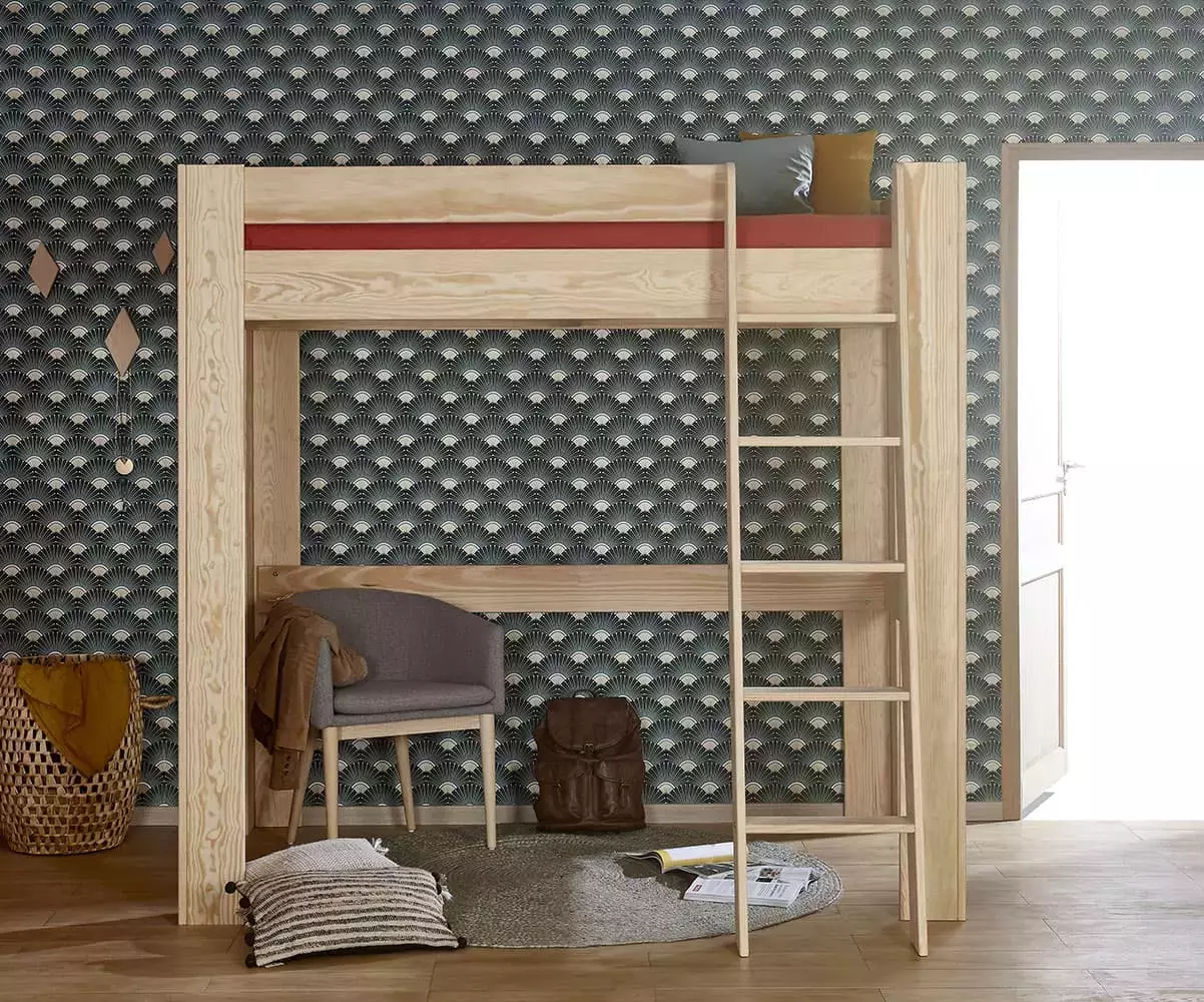 Lit mezzanine échelle Paros bois naturel avec matelas Lit mezzanine échelle Paros bois naturel avec matelas