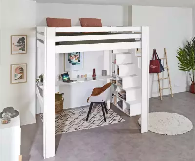Lit mezzanine blanc 200x200 avec escalier et bureau Palomar