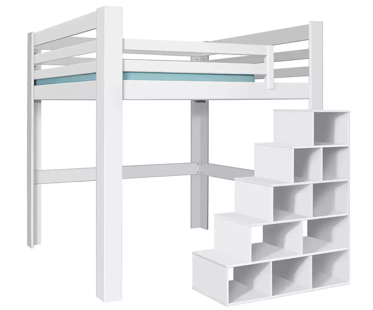 Lit mezzanine Palomar en blanc version basse avec lot de 3 gardes corps en option Lit mezzanine Palomar en blanc version basse avec lot de 3 gardes corps en option