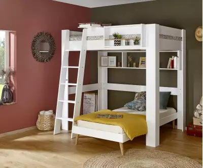 Pack lit mezzanine échelle 2 places Paros blanc avec lit Euphor + matelas