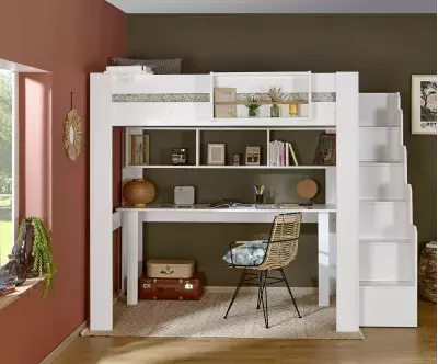 Lit mezzanine escalier 1 place avec bureau coloris blanc