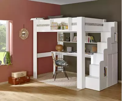 Lit mezzanine blanc 1 place avec bureau intégré