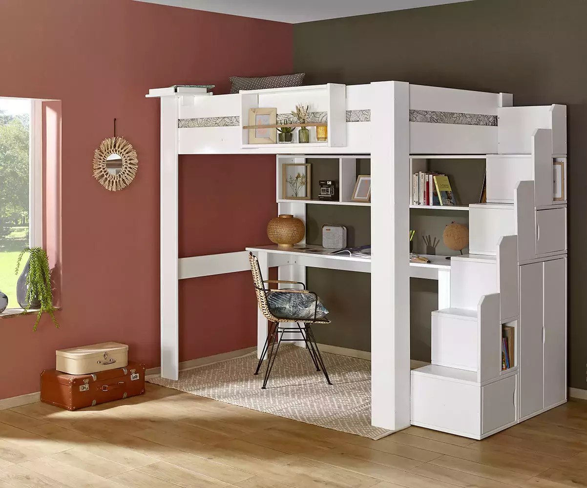 Lit mezzanine blanc 1 place avec bureau intégré Lit mezzanine blanc 1 place avec bureau intégré