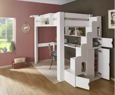 Lit mezzanine blanc avec module escalier et rangements intégrés