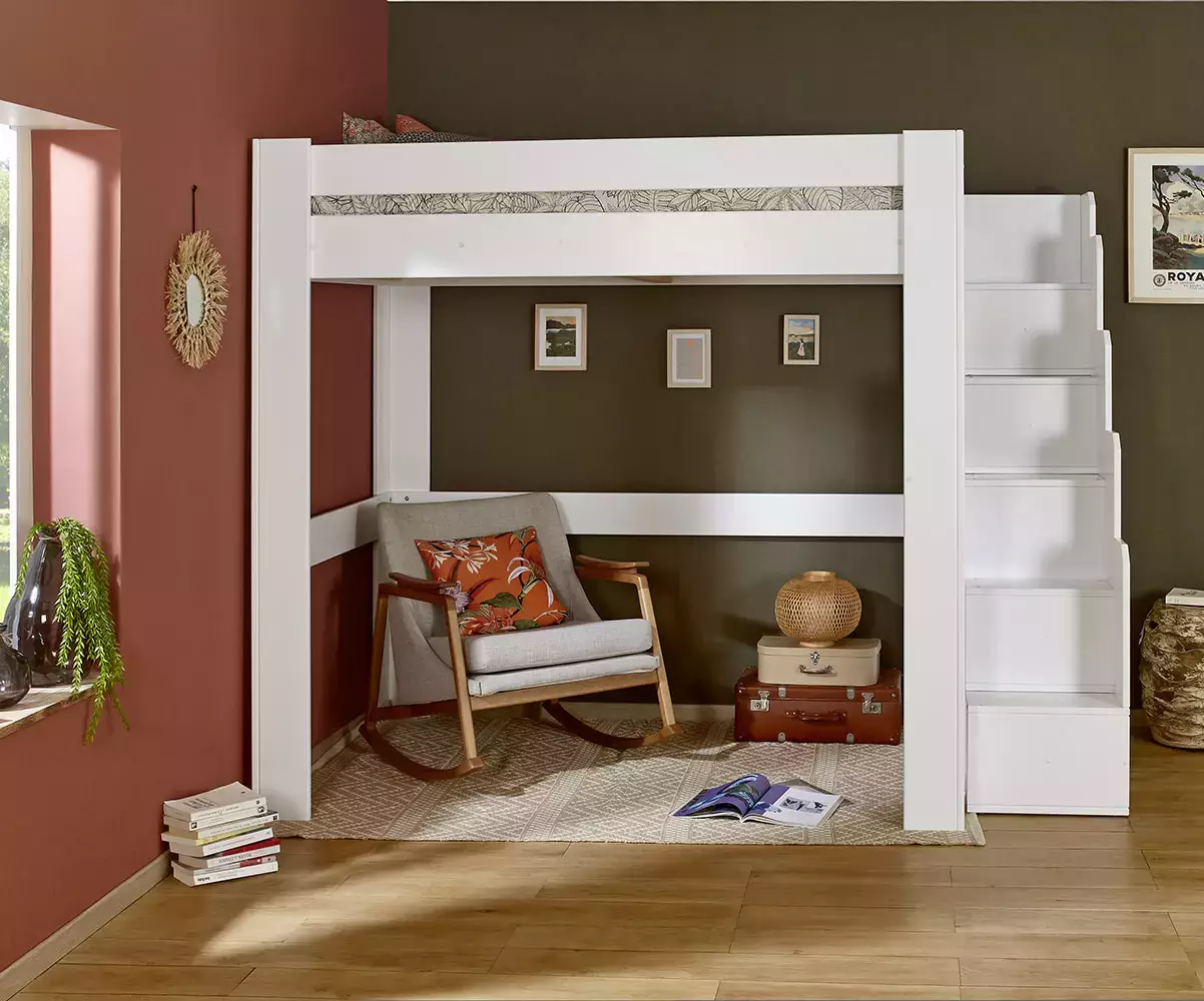Lit mezzanine gain de place blanc avec module escalier Lit mezzanine gain de place blanc avec module escalier