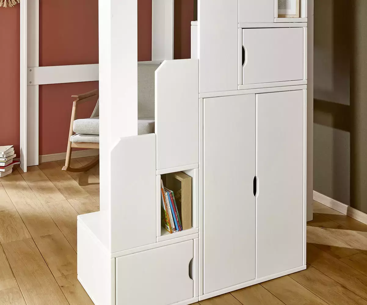 Détails module escalier blanc avec rangements Détails module escalier blanc avec rangements