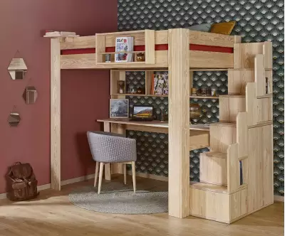 Lit mezzanine bois naturel 2 places avec bureau intégré