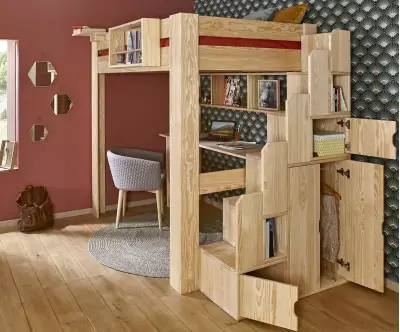 Lit mezzanine bois naturel avec module escalier et rangements intégrés