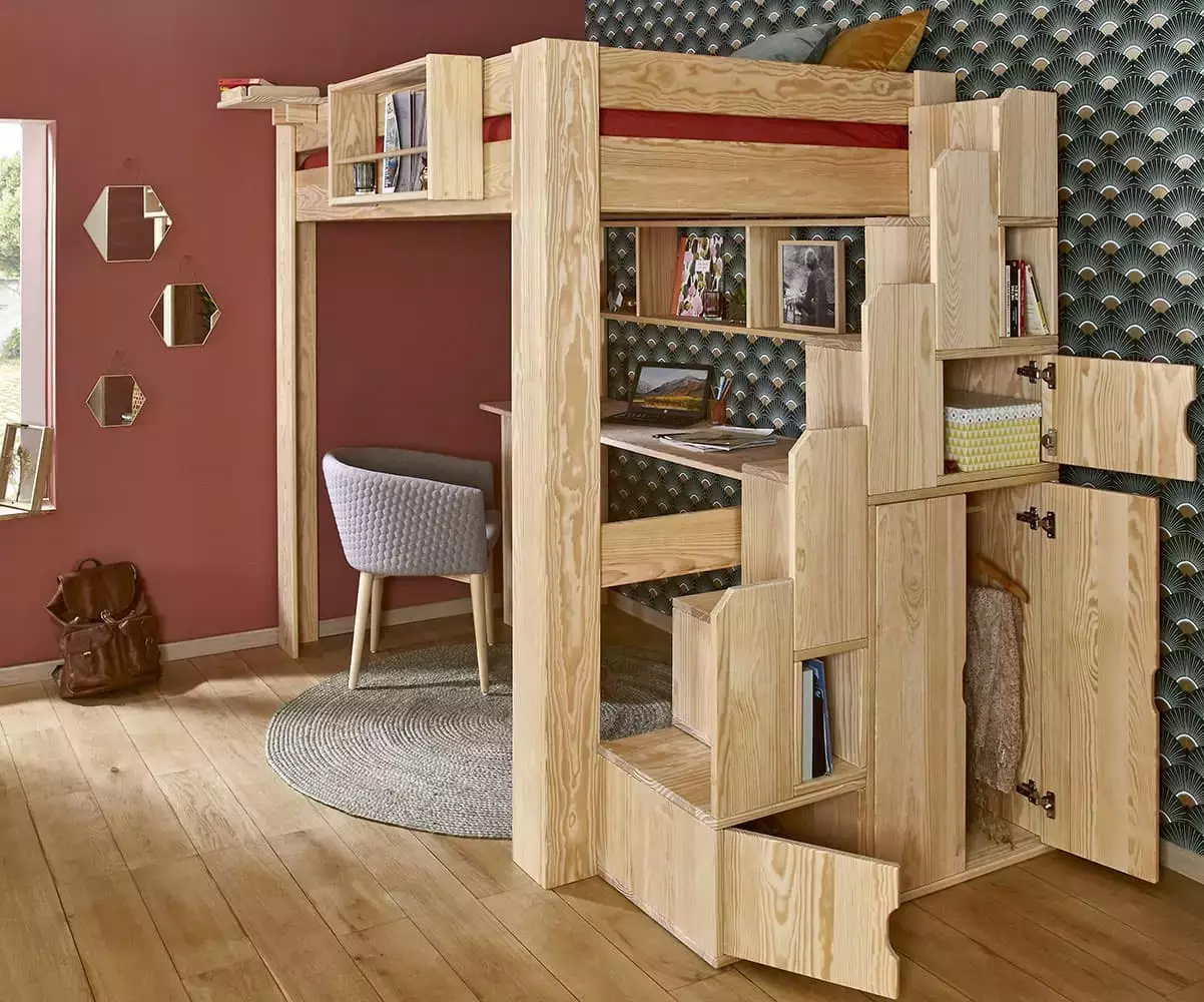 Lit mezzanine bois naturel avec module escalier et rangements intégrés Lit mezzanine bois naturel avec module escalier et rangements intégrés