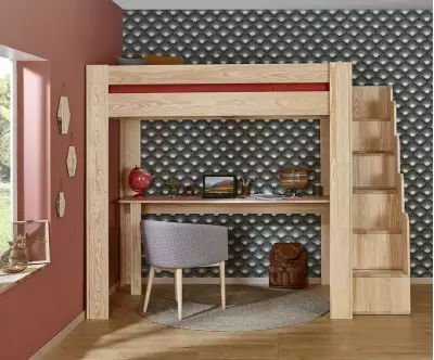 Lit mezzanine gain de place bois naturel avec module escalier
