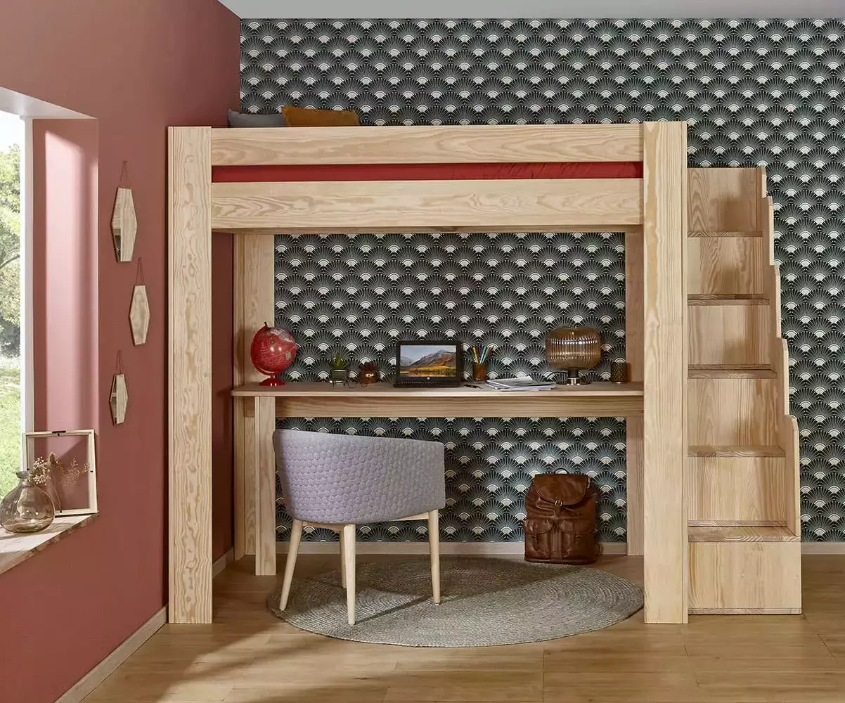 Lit mezzanine gain de place bois naturel avec module escalier Lit mezzanine gain de place bois naturel avec module escalier