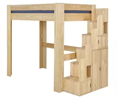Lit mezzanine avec module escalier bois naturel positionné à droite