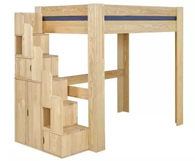 Lit mezzanine avec module escalier bois naturel positionné à gauche