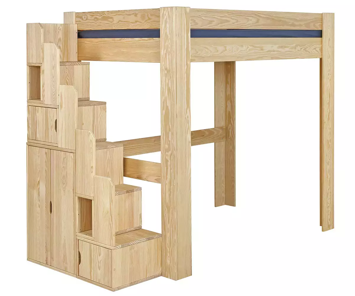 Lit mezzanine avec module escalier bois naturel positionné à gauche Lit mezzanine avec module escalier bois naturel positionné à gauche