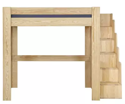 Lit mezzanine bois naturel avec module escalier de face