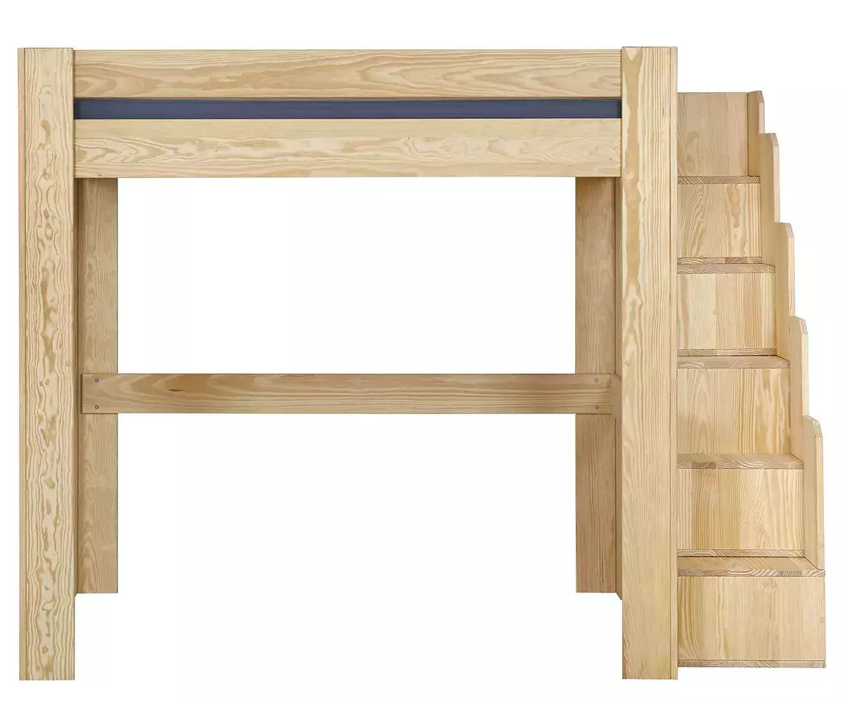 Lit mezzanine bois naturel avec module escalier de face Lit mezzanine bois naturel avec module escalier de face