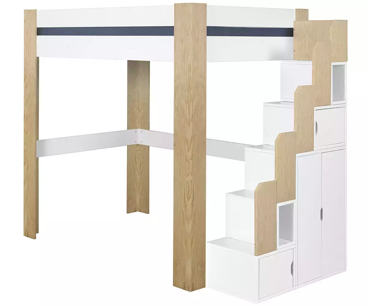 Lit mezzanine avec module escalier bois naturel et blanc positionné à droite Lit mezzanine avec module escalier bois naturel et blanc positionné à droite