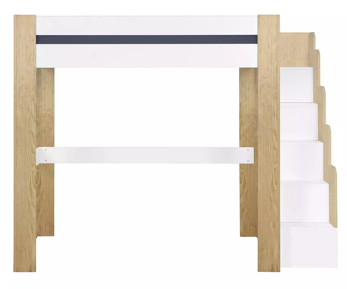 Lit mezzanine bois naturel et blanc avec module escalier de face Lit mezzanine bois naturel et blanc avec module escalier de face