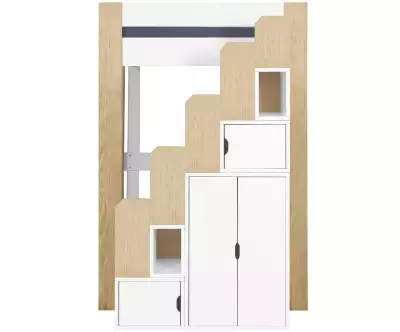 Module escalier bois naturel et blanc positionné à droite