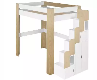 Lit mezzanine avec escalier blanc et bois Paros