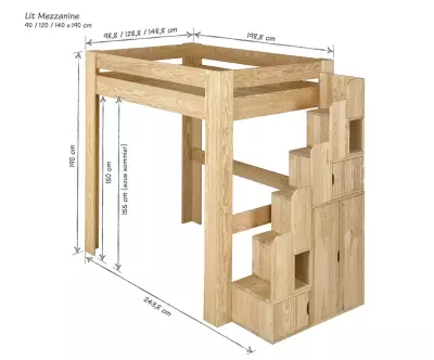 Dimensions lit mezzanine Paros bois naturel