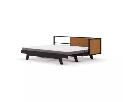Vue de 3/4 du lit Farrel déplié avec matelas en option