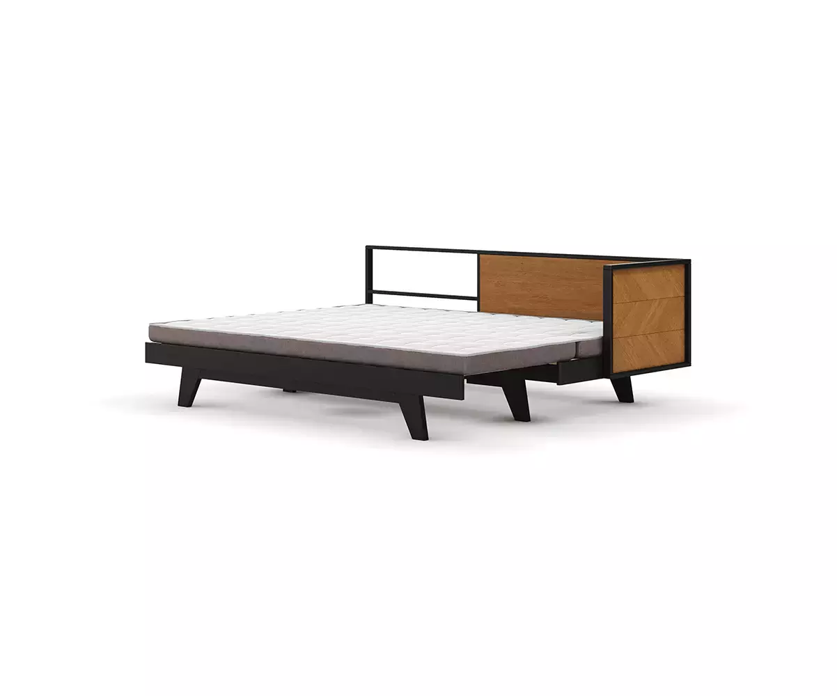 Vue de 3/4 du lit Farrel déplié avec matelas en option Vue de 3/4 du lit Farrel déplié avec matelas en option