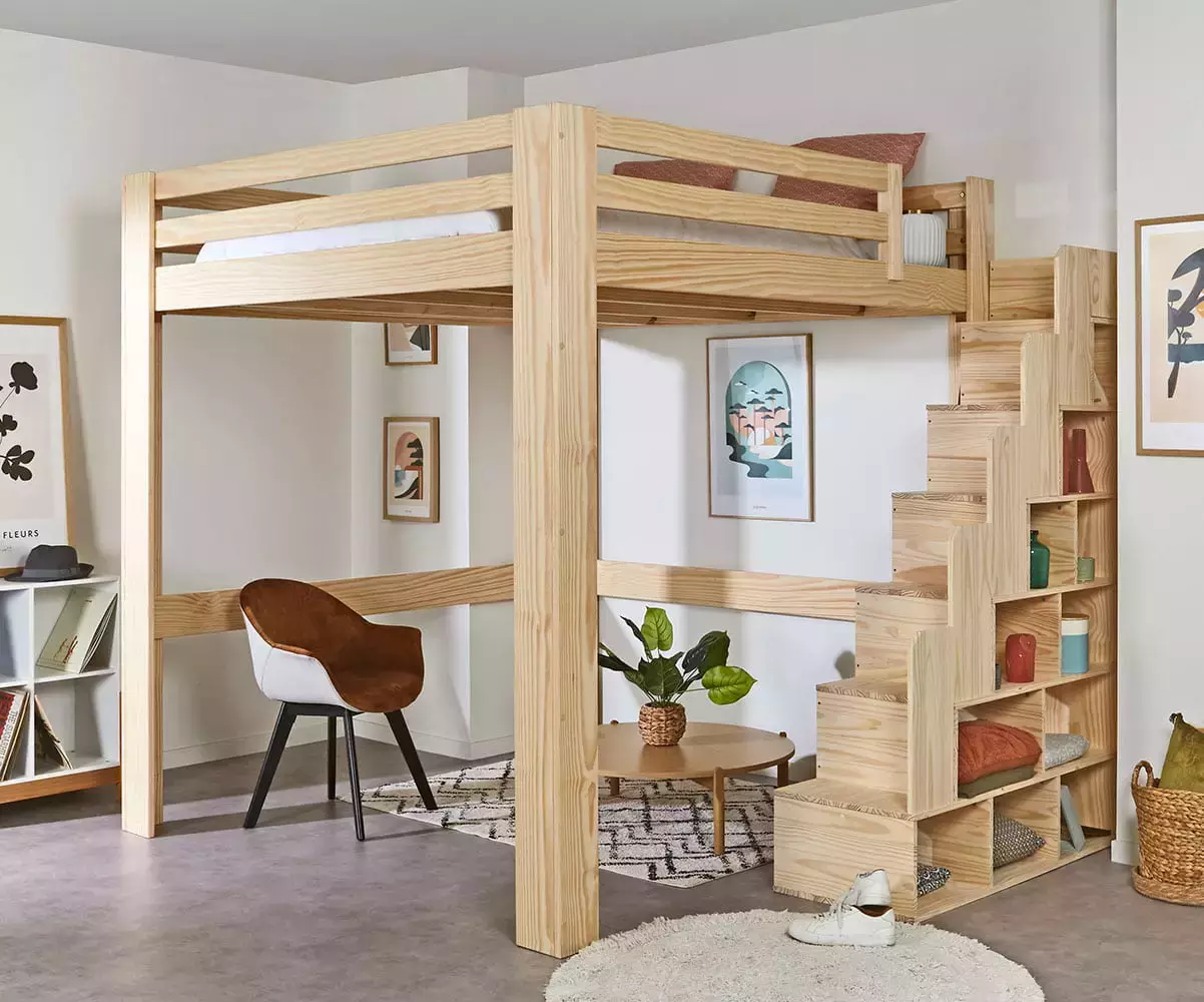 Lit mezzanine bois 200x200 avec escalier réversible Lit mezzanine bois 200x200 avec escalier réversible