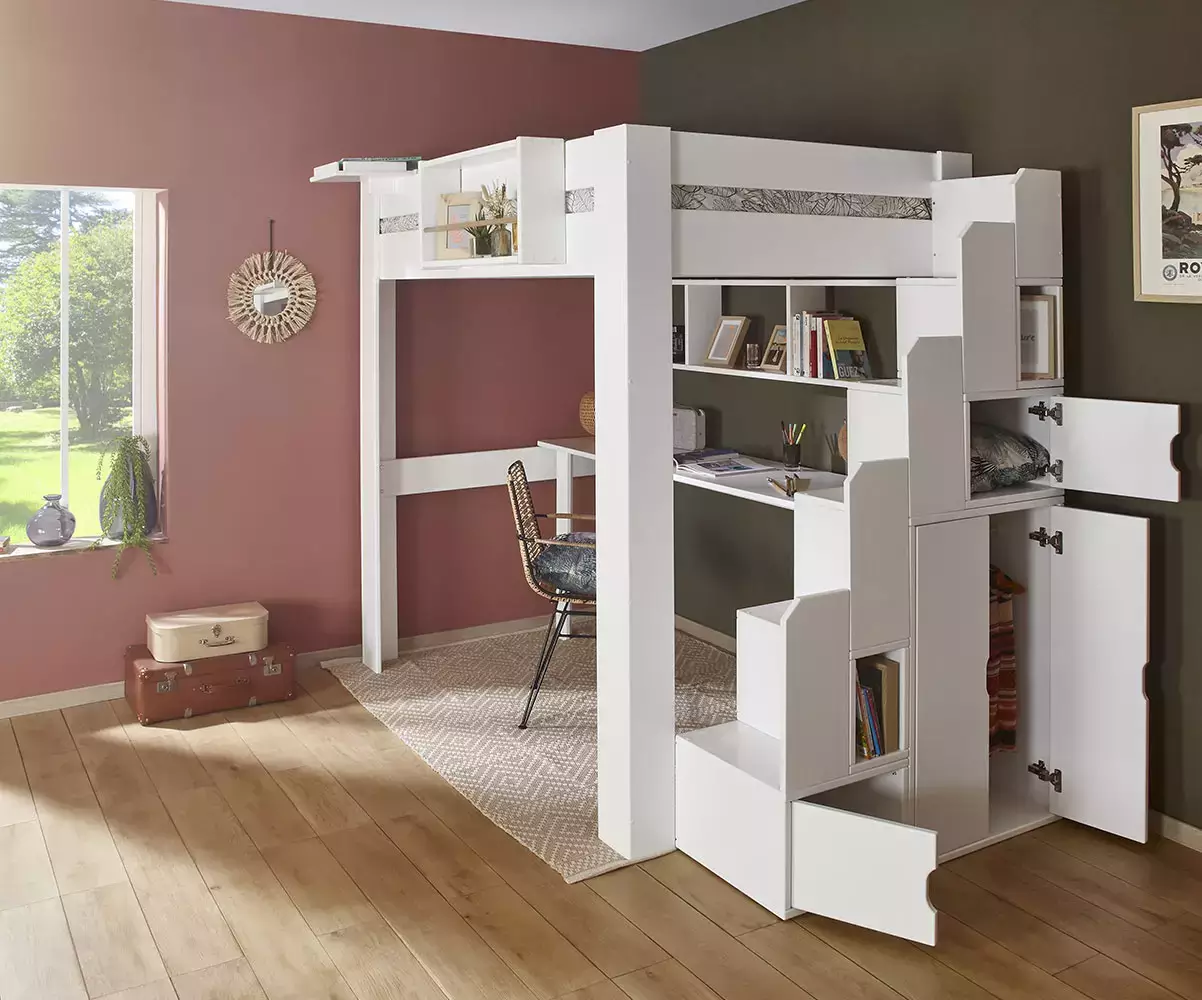 Lit mezzanine blanc avec module escalier et rangements intégrés Lit mezzanine blanc avec module escalier et rangements intégrés
