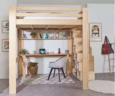 Lit mezzanine bois 200x200 avec escalier. Bureau en option