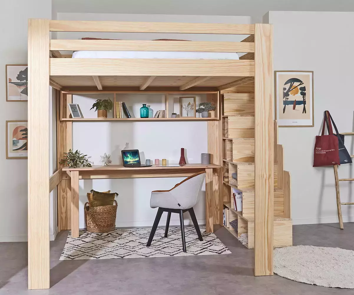 Lit mezzanine bois 200x200 avec escalier. Bureau en option Lit mezzanine bois 200x200 avec escalier. Bureau en option
