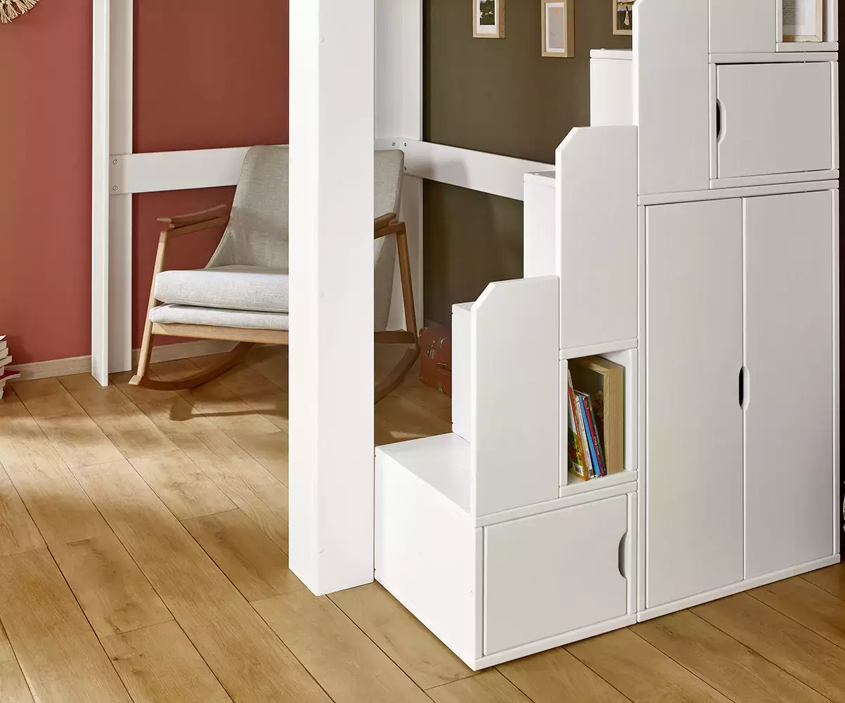 Détails module escalier blanc avec rangements Détails module escalier blanc avec rangements
