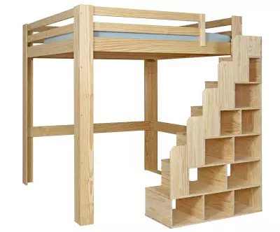 Lit mezzanine bois 200x200 avec escalier à droite