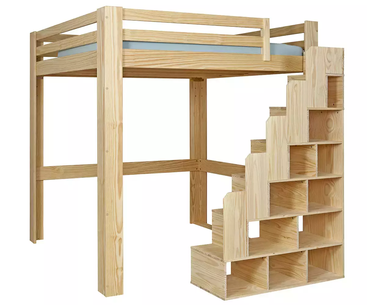 Lit mezzanine bois 200x200 avec escalier à droite Lit mezzanine bois 200x200 avec escalier à droite