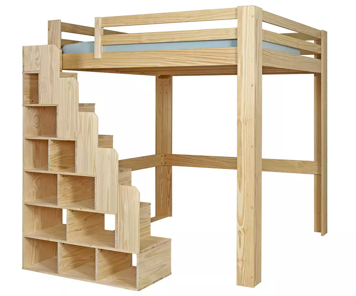 Lit mezzanine bois 200x200 avec escalier à gauche Lit mezzanine bois 200x200 avec escalier à gauche