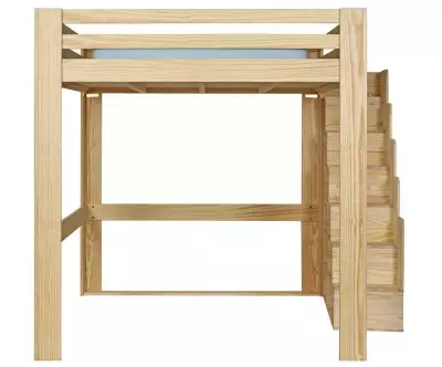 Lit mezzanine bois 200x200 de face avec escalier à droite