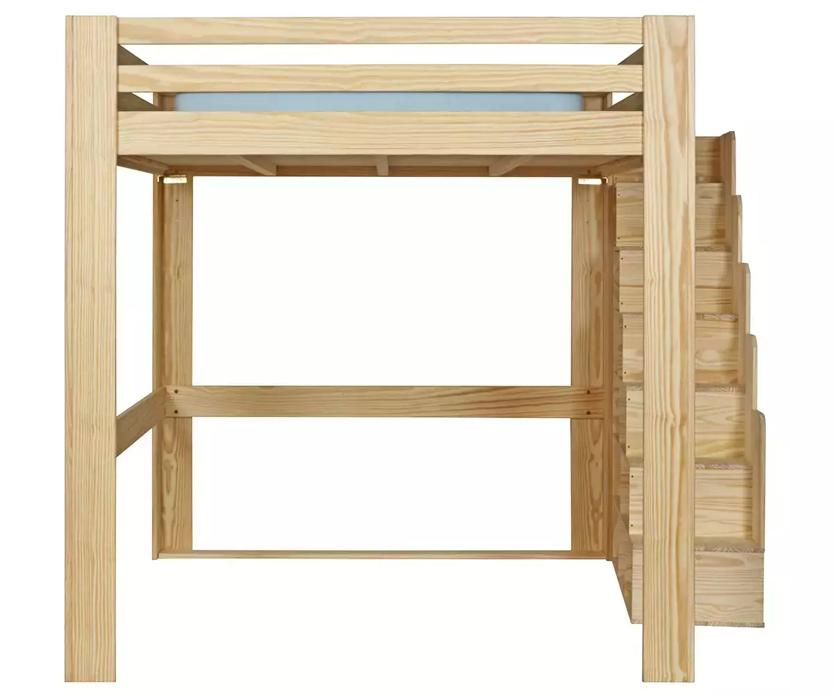 Lit mezzanine bois 200x200 de face avec escalier à droite Lit mezzanine bois 200x200 de face avec escalier à droite