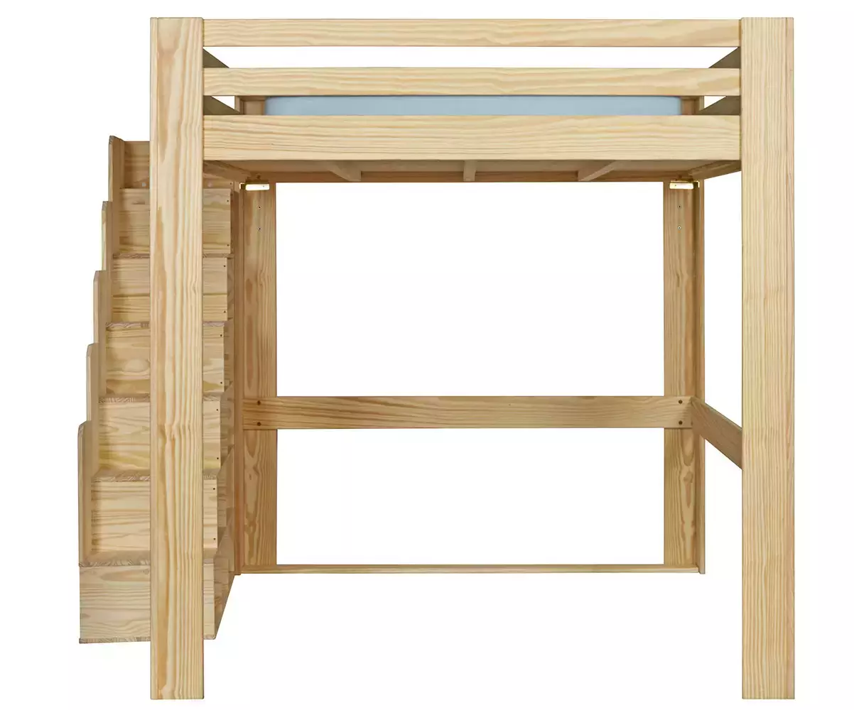 Lit mezzanine bois 200x200 de face avec escalier à gauche Lit mezzanine bois 200x200 de face avec escalier à gauche